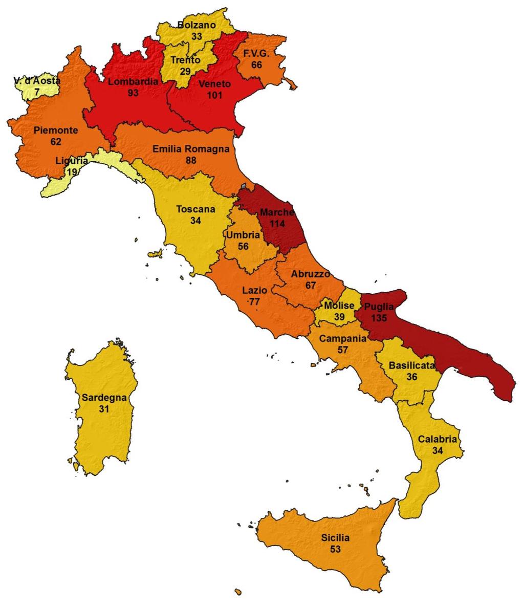 Distribuzione regionale dei kw per km 2 a fine 2017 Potenza installata degli impianti fotovoltaici: 19.682 MW Superficie nazionale: 301.