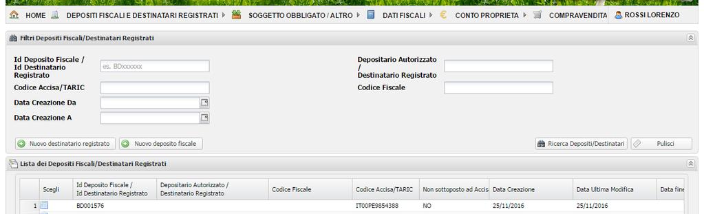 5. Depositi Fiscali e destinatari registrati Selezionando la voce Riepilogo Dati Fiscali/Destinatari registrati, dal menù DEPOSITI FISCALI E DESTINATARI REGISTRATI, l'utente accede alla pagina di