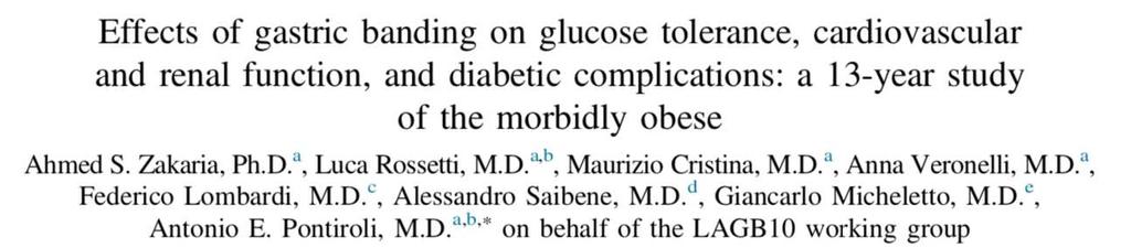 Milano Studio retrospettivo 87 pz operati di LAGB vs 87 controlli obesi non operati Tra il 1995 e il 2003 Pz sottoposti a LAGB: <
