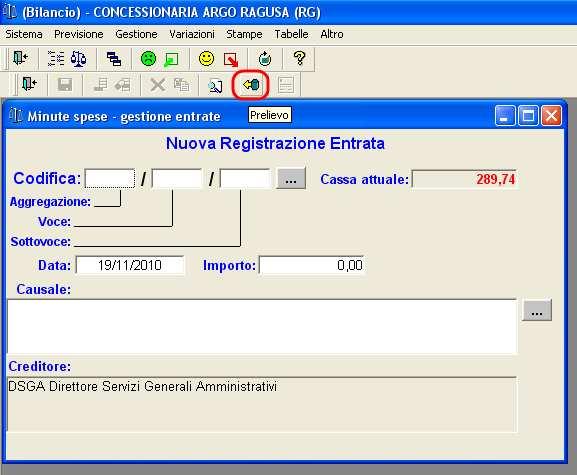 l'emissione del mandato stesso, anche dalla funzione Gestione\Minute Spese \ Movimenti entrata cliccando sull'icona Prelievo (evidenziata in rosso nell'immagine