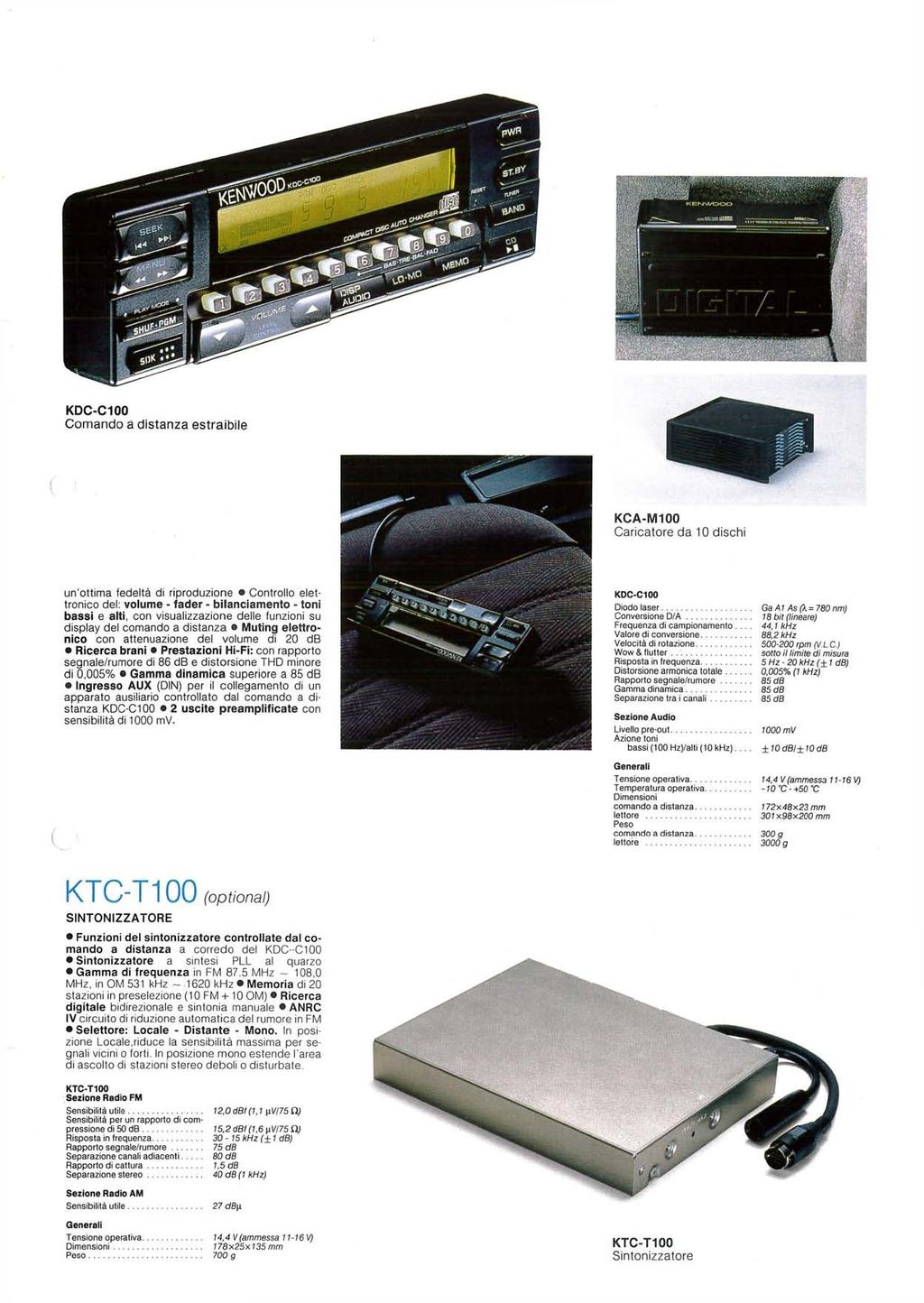 KDCC100 Comando a distanza estraibile KCAM100 Caricatore da 10 dischi un'ottima fedeltà di riproduzione Controllo elettronico del: volume fader bilanciamento toni bassi e alti, con visualizzazione