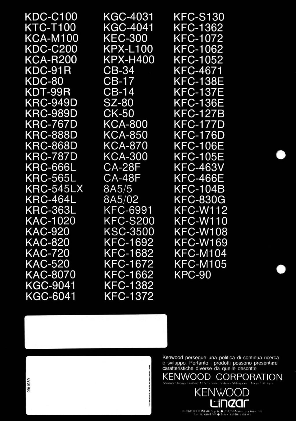 KDCC100 KTCT100 KCAM100 KDCC200 KCAR200 KDC91R KDC80 KDT99R KRC949D KRC989D KRC767D KRC888D KRC868D KRC787D KRC666L KRC565L KRC545LX KRC464L KRC363L KAC1020 KAC920 KAC820 KAC720 KAC520 KAC8070