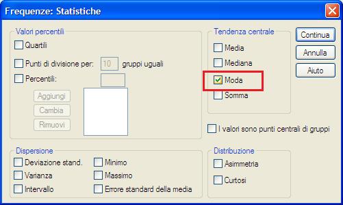 Spss: moda Tramite Analizza Statistiche descrittive Frequenze.