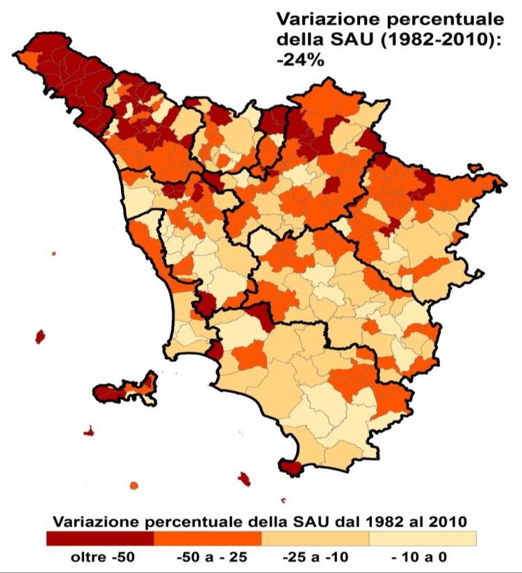 Evoluzione della SAU nelle Regioni (1990-2010) Numero di aziende nella Regione Toscana 152.000 (1982) 136.000 (1990) 121.