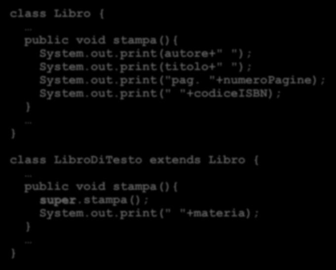 un esempio class Libro { public void stampa(){ System.out.print(autore+" "); System.out.print(titolo+" "); System.out.print("pag.