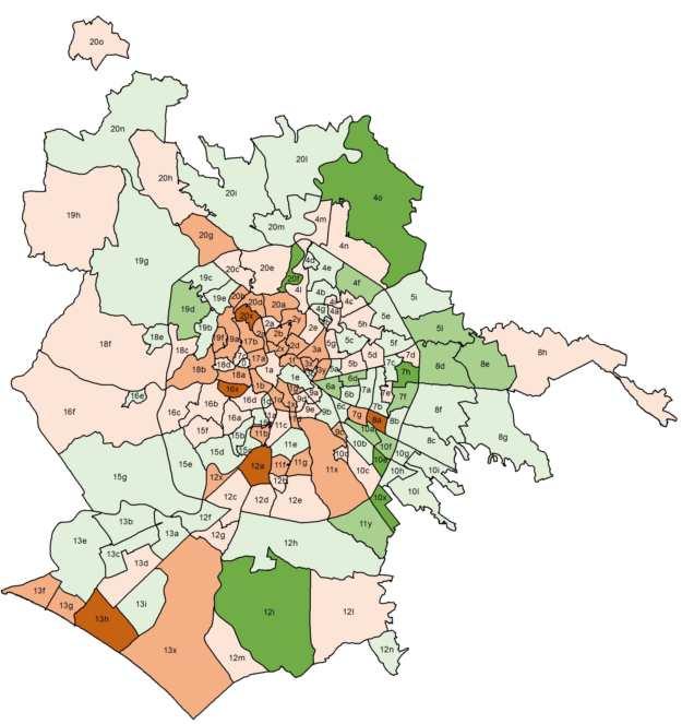 +5,3% XI +23,1% XII +7,6% XIII -0,9% XIV +15,7% XV +3,6% non localizzati -97,1%