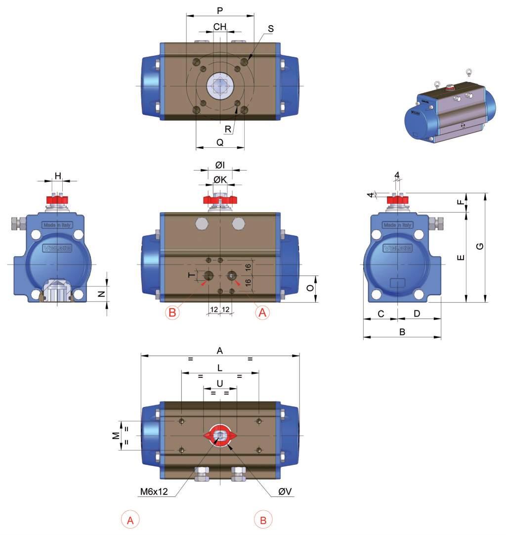 DIMENSIONI DAL MOD. 52 AL 230 SERIE 82 DIMENSIONS FROM MOD. 52 TO 230 SERIES 82 Per la movimentazione del solo attuatore (mod.140-230) senza valvola utilizzare i golfari M. To lift the actuator (mod.