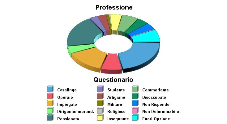 Questionario Totale Casalinga 549 549(22) Operaio 185 185(7.4) Impiegato 347 347(13.9) Dirigente/Imprend. 102 102(4.1) Pensionato 474 474(19) Studente 70 70(2.8) Artigiano 76 76(3.