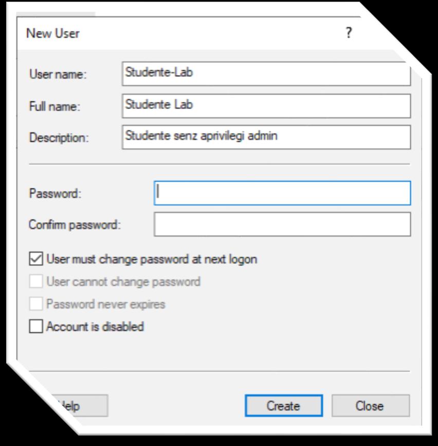 Il portale LABS: credenziali di accesso (3) Selezionare Users e cliccare con il tasto destro del mouse e scegliere «New User» Compilare i campi e cliccare «Create», l utente creato sarà