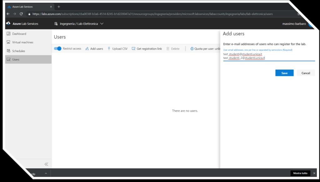 Il portale LABS: aggiunta di utenti singoli Utenti singoli possono essere inseriti cliccando su «Add users». Per inserire uno studente è necessario il suo indirizzo email istituzionale (@studenti.