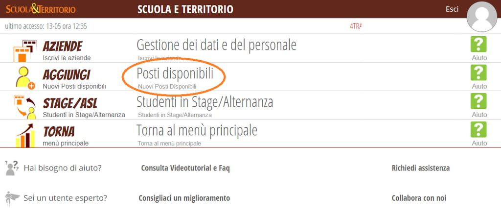 Creazione disponibilità stage Posti Disponibili All interno del menu Posti Disponibili, è possibile: 1.Visualizzare l elenco delle disponibilità già inserite; 2.