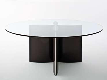 Bright stainless steel structure, with whitened oak, wengé stained or white, black or moka lacquered wooden insert. Table avec plateau en verre transparent de 15mms d épaisseur.
