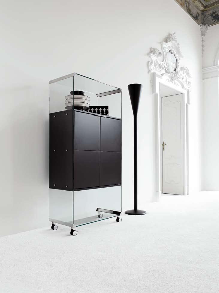 Black, dark grey or white lacquered wooden unit. Bright stainless steel metal parts.