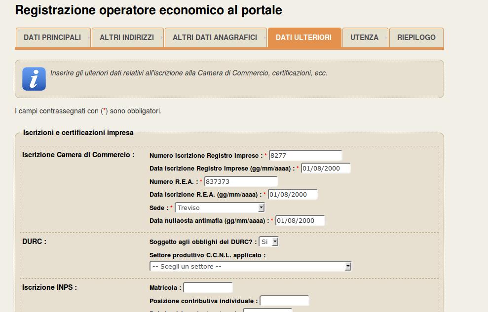 Nella pagina Dati ulteriori prestare particolare attenzione alla compilazione della sezione DURC.