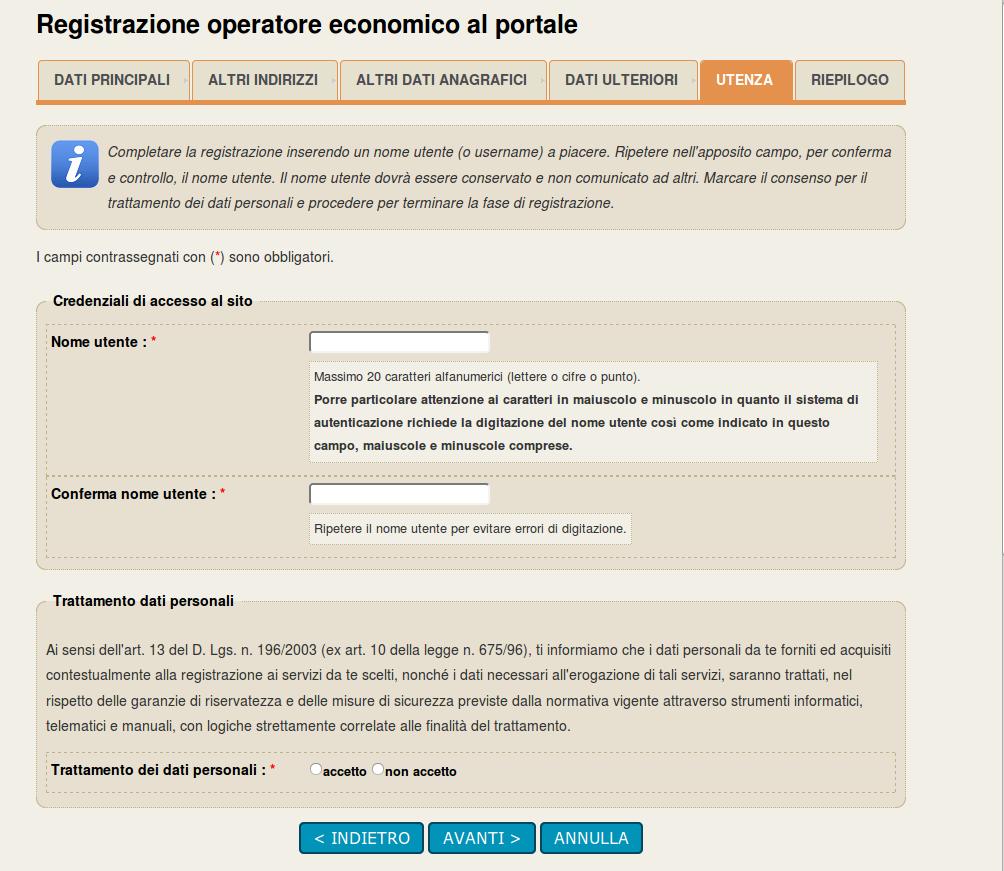 Nella scheda relativa all utenza inserire il nome utente (a scelta dell operatore economico) che si intenderà