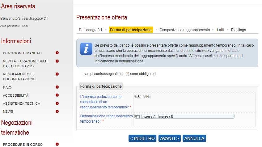 4.1.1 Presentare l offerta come raggruppamento temporaneo di operatori Qualora l operatore economico intenda presentare l offerta non singolarmente, ma come raggruppamento temporaneo di operatori