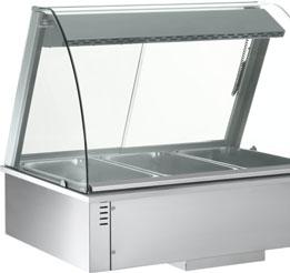 Made of ISI 304 stainless steel and glass. Hot display units accommodate GN pans (H=100mm max) lying on the top and on perforated bar supports to make the steam settling on food.