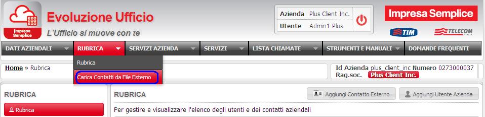 3.2 Caricamento Contatti da File Esterno Per importare un file (di estensione CSV) contenente i nomi degli utenti con relativi numeri di telefono è necessario effettuare le seguenti operazioni: 1.