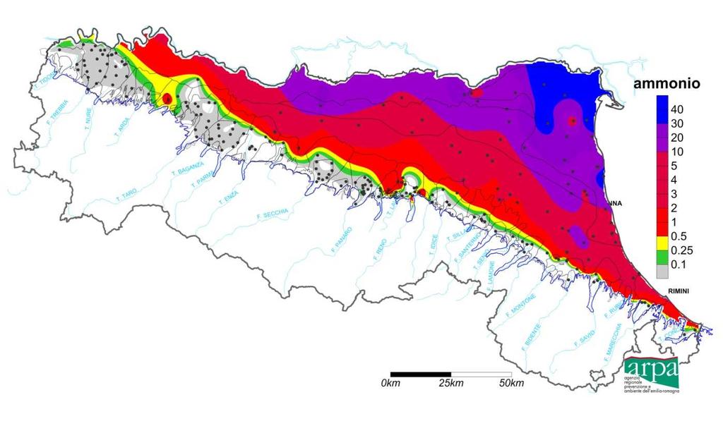 Ione ammonio distribuzione areale valore mediano 1987-2008; Valore soglia