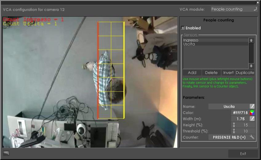 DigiEye VCA CONTEGGIO PERSONE L applicazione di Conteggio Persone consente di contare il numero di individui che transitano attraverso uno o più sensori virtuali definiti sull immagine di una