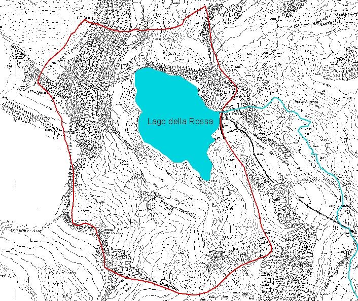 Figura 39. Rappresentazione cartografica del bacino sotteso del Lago della Rossa digitalizzato sulla base della CTR al 10000.