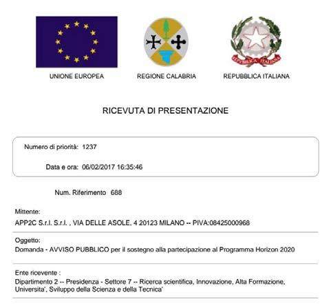 Se l inoltro della Domanda va a buon fine l applicativo visualizzerà una maschera con la conferma di avvenuta presentazione e il numero di priorità.