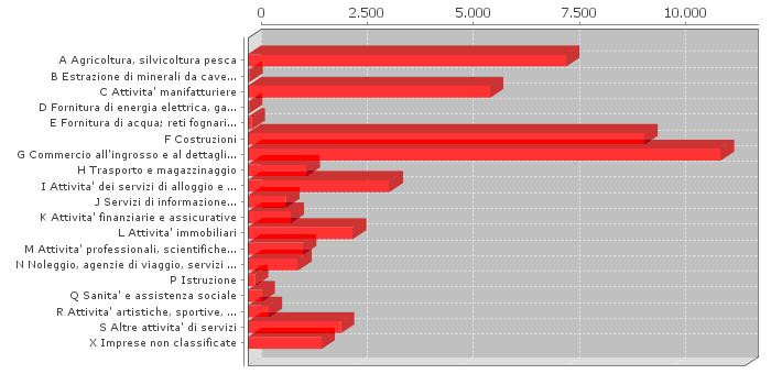 I quattro settori di agricoltura, edilizia, manifattura e commercio pesano per quasi il 70% sul totale delle imprese:22% commercio, 19% costruzioni, 15% agricoltura e 11% attività