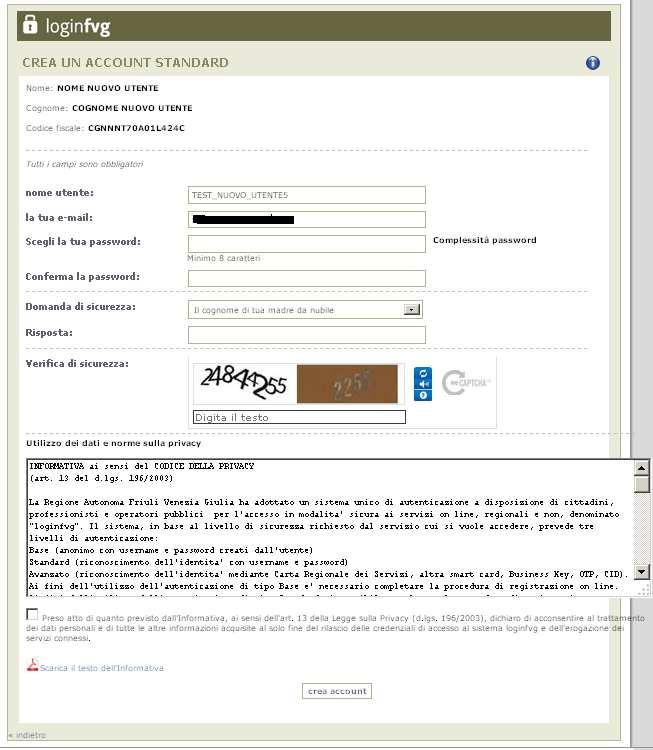 Figura 10: : Completamento registrazione di loginfvg A registrazione ultimata l Utente riceverà dal sistema una email di conferma.