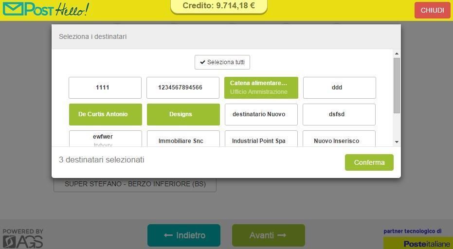 STEP 2. Mittente & Destinatari Selezionare il mittente tra quelli proposti (elenco di nominativi inseriti in precedenza dal sito web) che sarà evidenziato in verde.