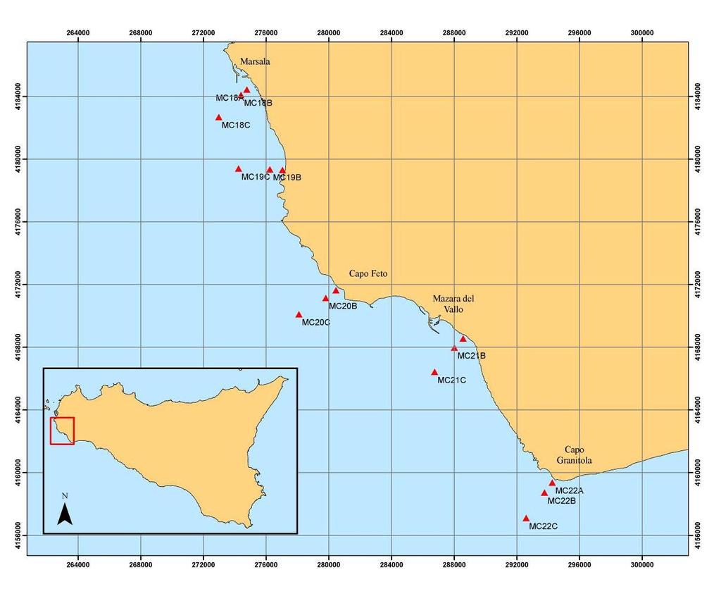 costiero e mostra valori che oscillano in media da 1,0 a 6,5 g/l. Figura 6.1.1 Ubicazione dei transetti nel tratto costiero tra Capo Lilibeo e Capo Granitola.