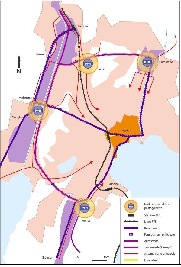 Figura: Schema generale del concetto di mobilità del PTL per l agglomerato La tappa prioritaria è costituita dalla tratta Bioggio-Lugano centro e Molinazzo-Manno.