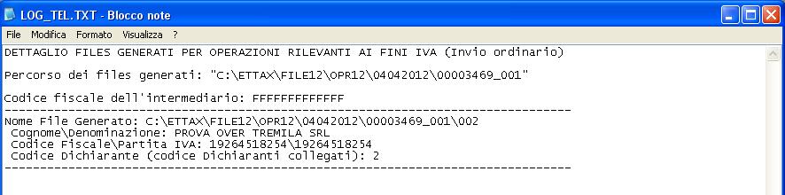 seguente maschera: Al Conferma, viene visualizzato un file di LOG che illustra il risultato dell