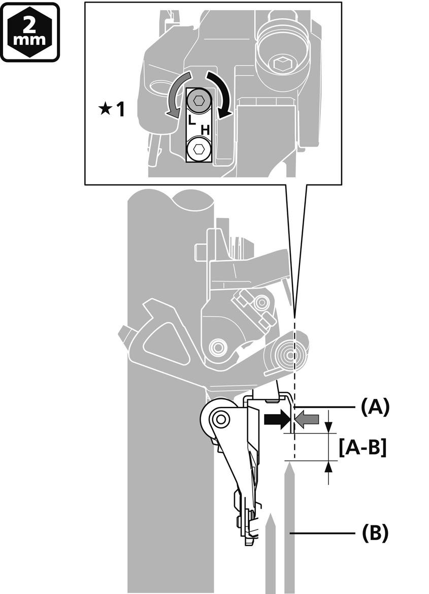 Verificare che la distanza [A-B] dalla punta dei denti della corona più grande sia compresa tra 1 e 3 mm. Tipo a montaggio diretto (FD-M9025/M8025/M618) Down swing 1.