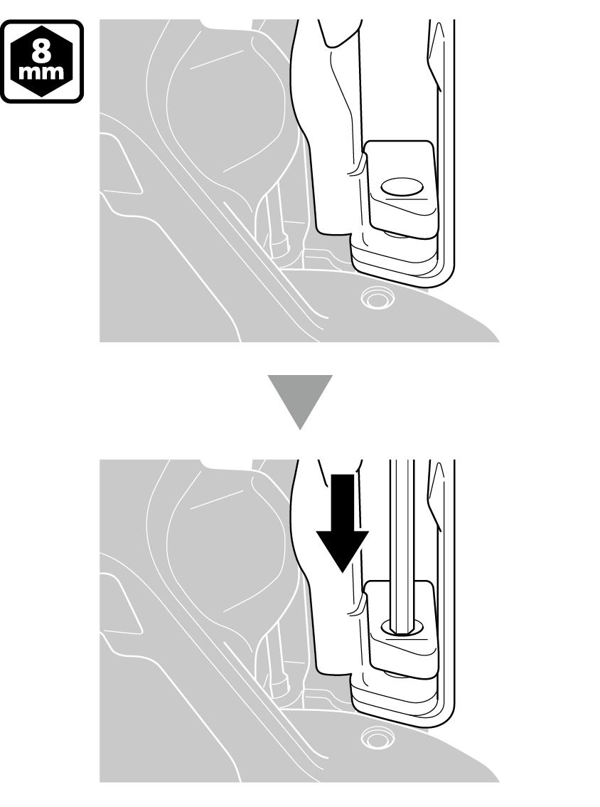 MANUTENZIONE 2. Allineare la sporgenza della basetta in gomma A al foro del guidacatena. Spingere la basetta in gomma A delicatamente con una chiave brugola da 8 mm.
