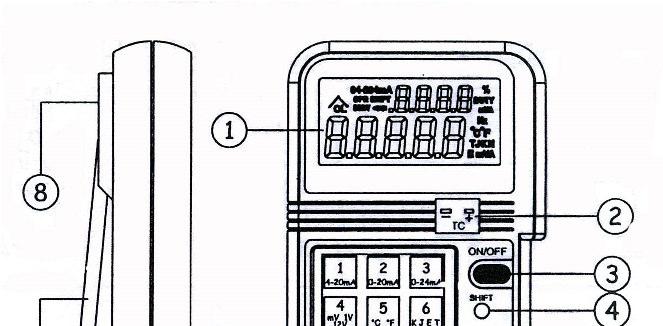 5 Funzioni 1. Display LCD 2. Foro di uscita per termocoppie 3. Tasto di accensione / spegnimento 4. Tasto Shift 5.