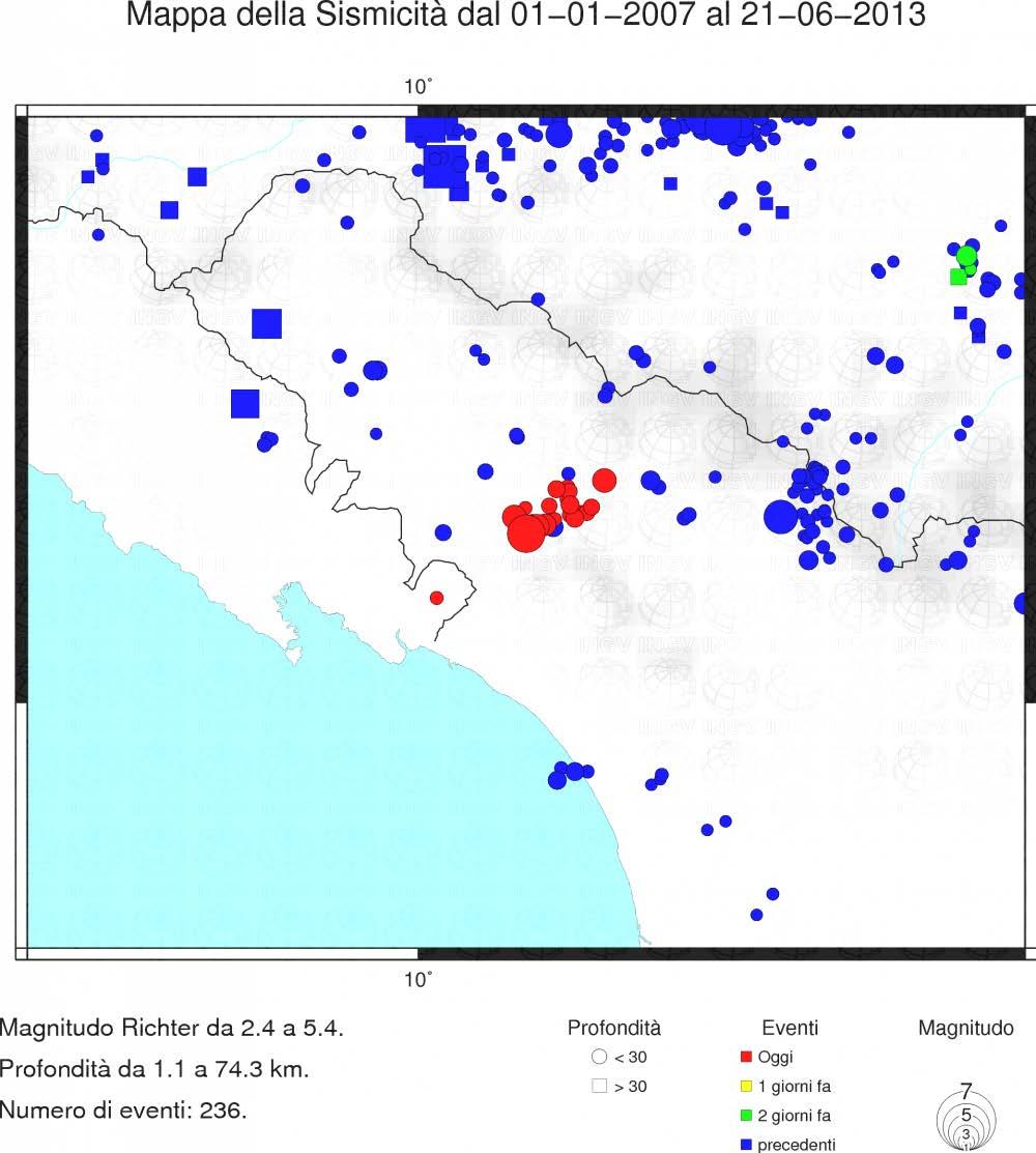 Mappa sismicita' della regione Mappa della sismicita' della regione con gli epicentri dei