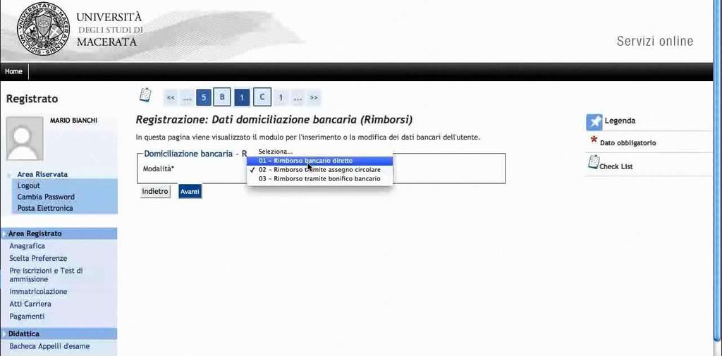 9. Per modificare i dati relativi ad eventuali rimborsi utilizzate il link Modifica Dati di Rimborso (vedere fig.