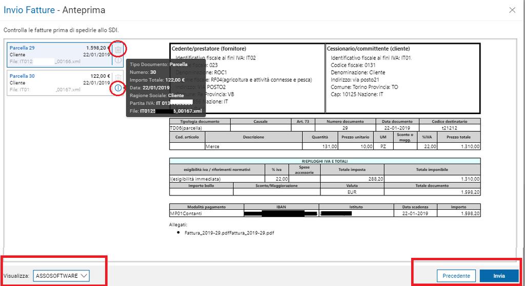 Concluso il caricamento dei file da inviare, premendo il tasto viene proposta la funzione di Anteprima dei file in stile SDI / Assosoftware.