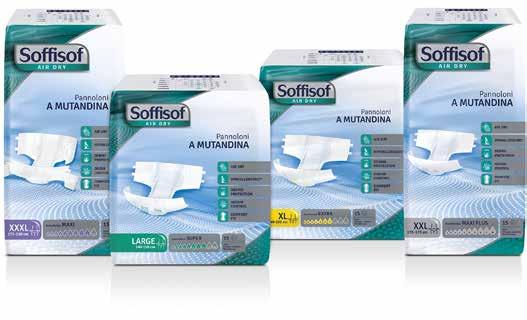 Soffisof Air Dry Pannolone a Mutandina con adesivi è un ausilio assorbente di forma anatomica composto da fluff di pura cellulosa, polimeri superassorbenti e uno strato esterno impermeabile per