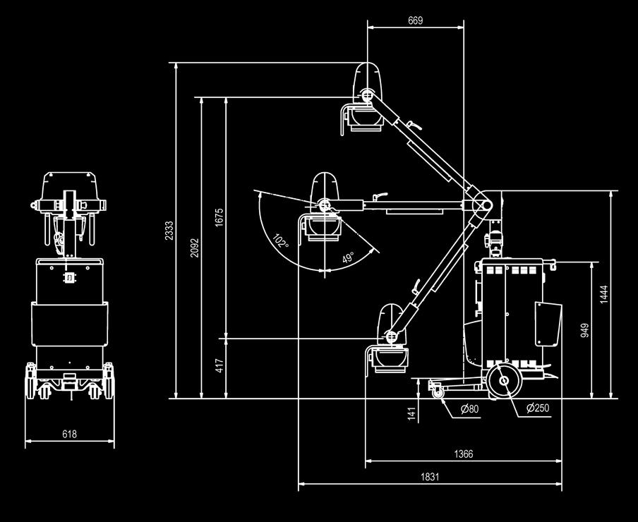 Specifiche tecniche Dati meccanici (unità con colonna fissa) Diametro delle ruote: 80 mm anteriori; 250 mm posteriori Lunghezza max.