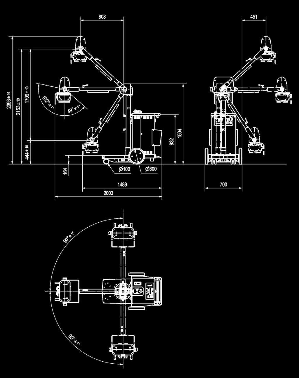 Specifiche tecniche Dati meccanici (unità con colonna rotante) Diametro delle ruote: 100 mm anteriori; 300 mm posteriori Lunghezza max.