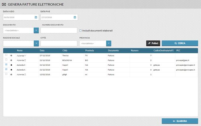 Clicca su cerca e visualizzerai la lista delle fatture generabili.