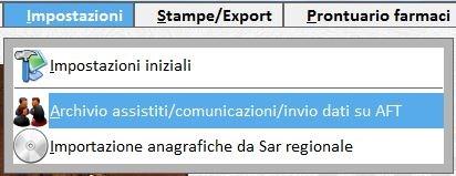 Esportazione dei dati dei propri assistiti su AFT Per effettuare il trasferimento dei dati clinici dei propri assistiti bisogna andare nel menu Impostazioni / Archivio assistiti-comunicazioni-invio