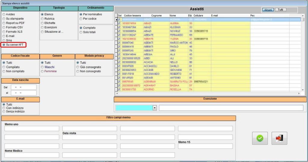 Selezionare, nella griglia sulla destra, gli assistiti di cui si vuole inviare i dati anagrafici e clinici sul server AFT: premendo il tasto Alcuni verranno rimossi i flag di selezione e si potrà