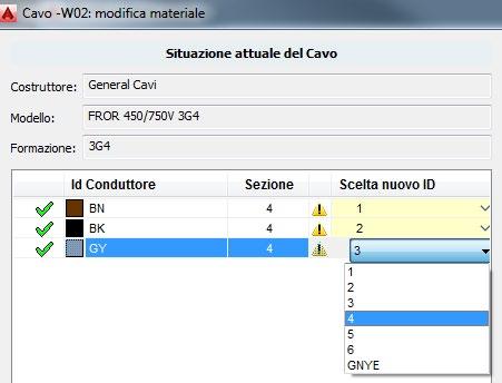 Nella parte destra (Anteprima Nuovo Cavo), i conduttori utilizzati, vengono