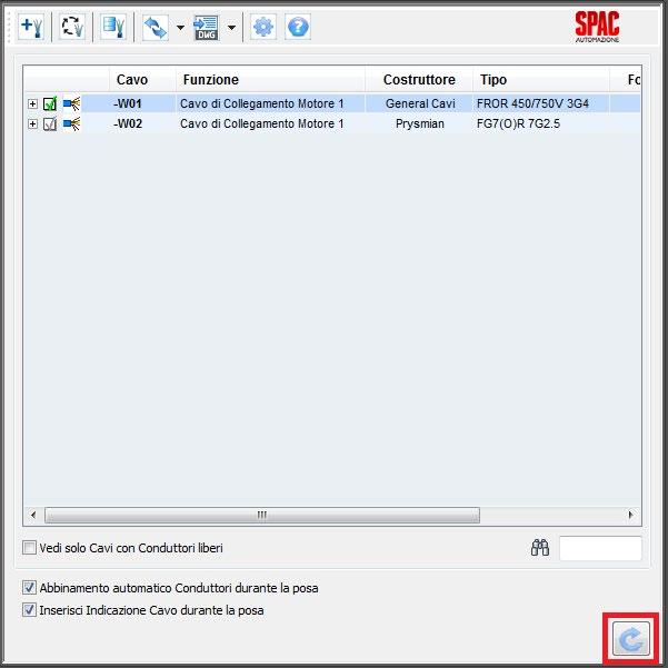 All interno della finestra SPAC GESTIONE CAVI Gestione Collegamenti