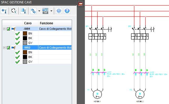 selezionare il cavo -W02 trascinare il cavo -W02 nel disegno cliccare alla sinistra dei conduttori che costituiranno il cavo (modalità