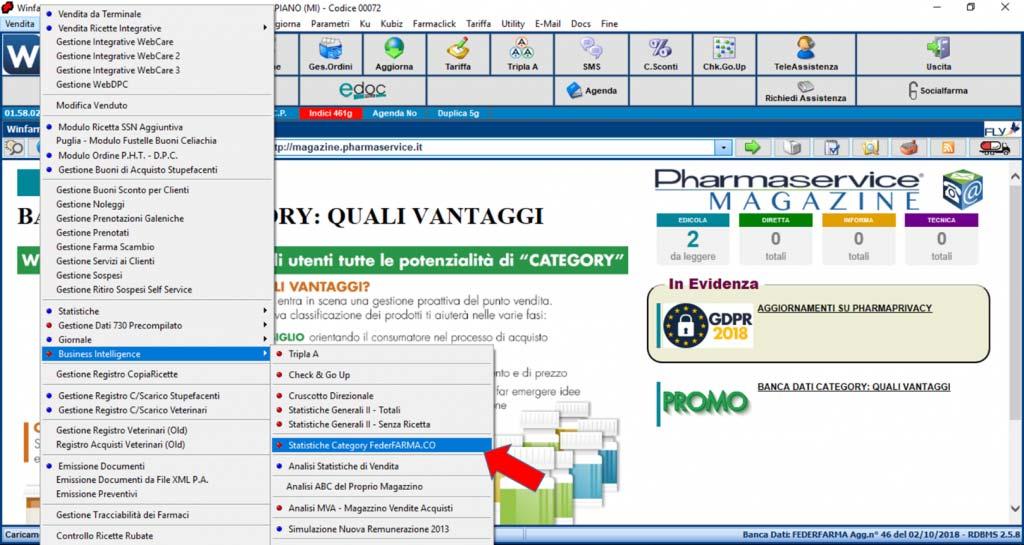 Al clic Winfarm visualizza la finestra dello strumento Classificazione Category. La modalità di visualizzazione dei dati è quella prevista al primo livello di accesso, ossia quella per Reparti.