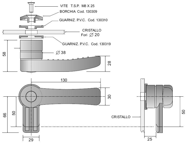 4 MANIGLIA CHIUSURA FINESTRINO UNIVERSALE PER CABINE VERSIONI: Standard: - codice destro 145320 - codice sinistro 145321 (particolari in