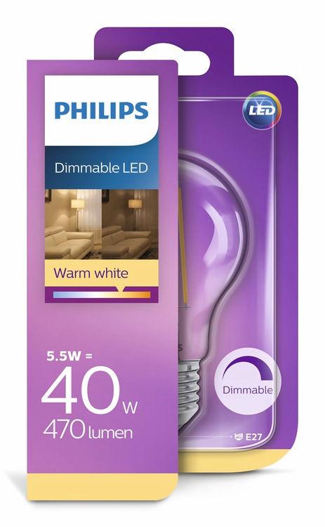 PHILIPS LED Lampadina (intensità regolabile) 5,5 W (40 W) E27 Luce bianca calda Luminosità regolabile Un design pensato per distinguersi Consumano fino all'80% di energia in meno